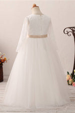 Long Slweeves Tulle and Lace White Flower Girl Dress with Bow