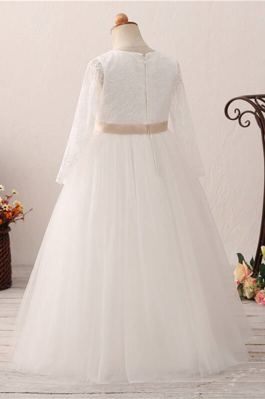 Long Slweeves Tulle and Lace White Flower Girl Dress with Bow