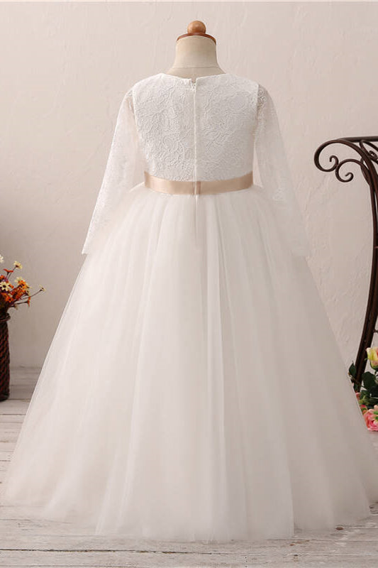 Long Slweeves Tulle and Lace White Flower Girl Dress with Bow