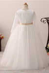 Long Slweeves Tulle and Lace White Flower Girl Dress with Bow