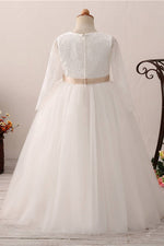 Long Slweeves Tulle and Lace White Flower Girl Dress with Bow