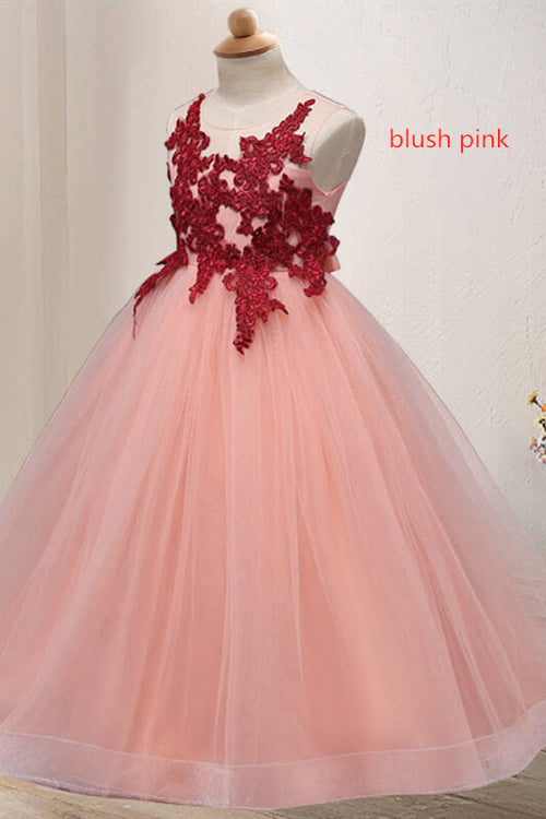 Princess Lace Appliques Dusty Rose Flower Girl Dress with Bow