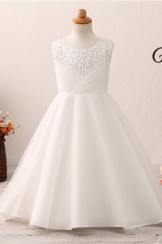 Cute Toddler Sequined White Flower Girl Dress with Bow Knot