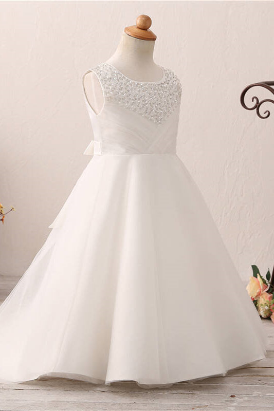 Cute Toddler Sequined White Flower Girl Dress with Bow Knot
