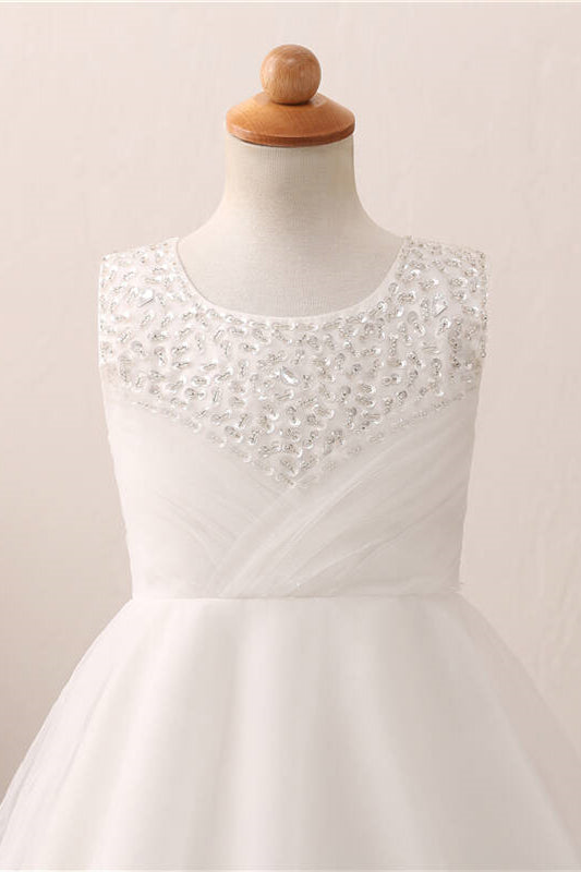 Cute Toddler Sequined White Flower Girl Dress with Bow Knot