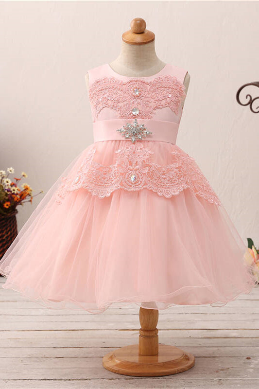 Cute Lace Appliques Toddler Blush Flower Girl Dress with Beads