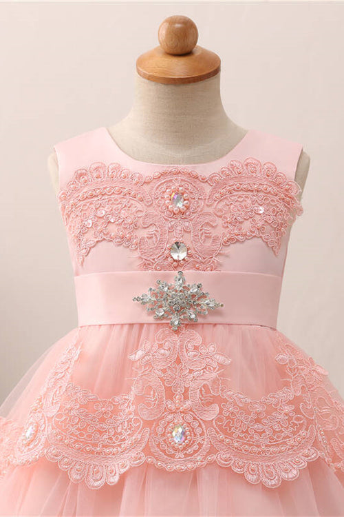 Cute Lace Appliques Toddler Blush Flower Girl Dress with Beads