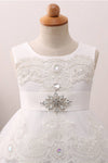 Cute Lace Appliques Toddler White Flower Girl Dress with Beads