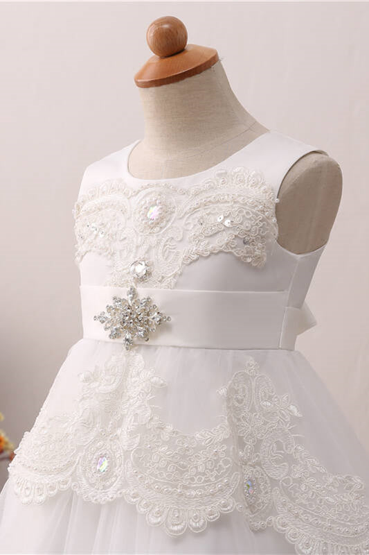 Cute Lace Appliques Toddler White Flower Girl Dress with Beads