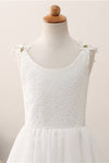 Princess White Chiffon Flower Girl Dress with Lace Top