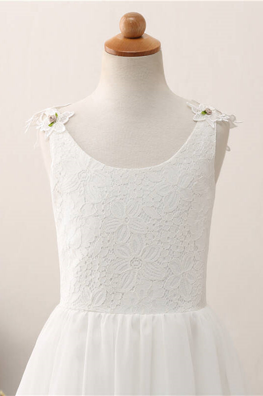 Princess White Chiffon Flower Girl Dress with Lace Top