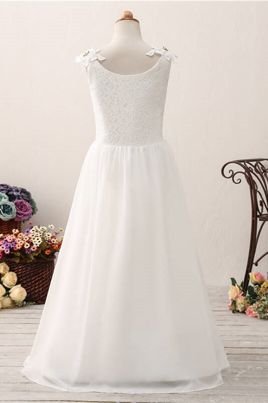 Princess White Chiffon Flower Girl Dress with Lace Top