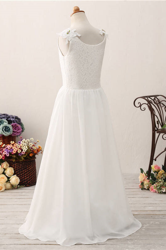 Princess White Chiffon Flower Girl Dress with Lace Top