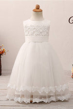 Cute Floral Appliques White Flower Girl Dress with Bow