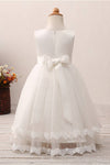Cute Floral Appliques White Flower Girl Dress with Bow