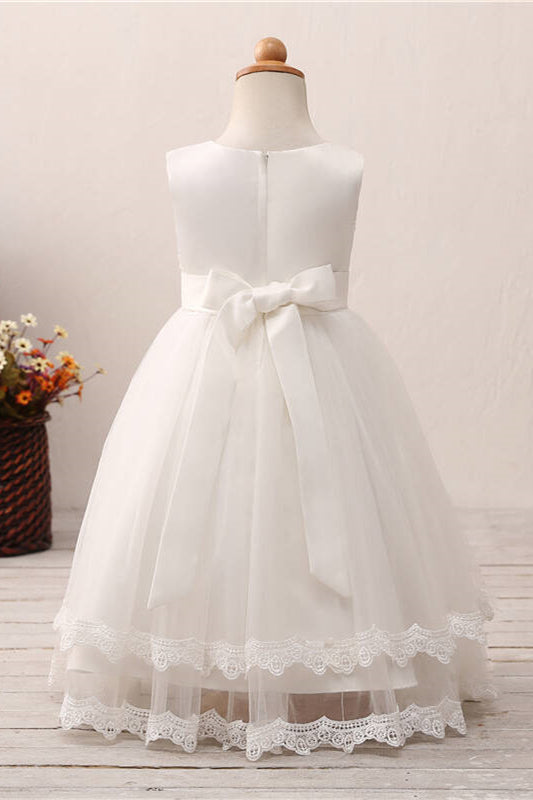 Cute Floral Appliques White Flower Girl Dress with Bow