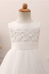 Cute Floral Appliques White Flower Girl Dress with Bow