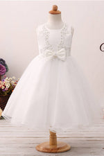Cute Pearls Toddler White Flower Girl Dress with Bow