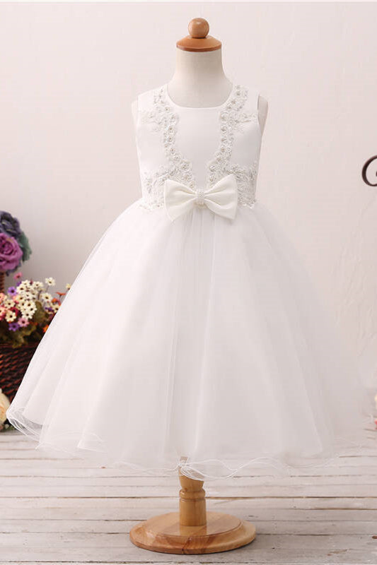 Cute Pearls Toddler White Flower Girl Dress with Bow