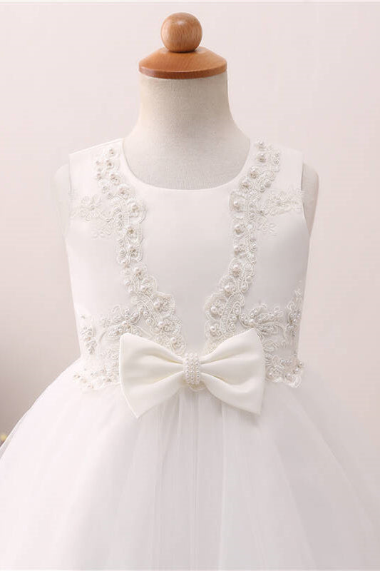 Cute Pearls Toddler White Flower Girl Dress with Bow