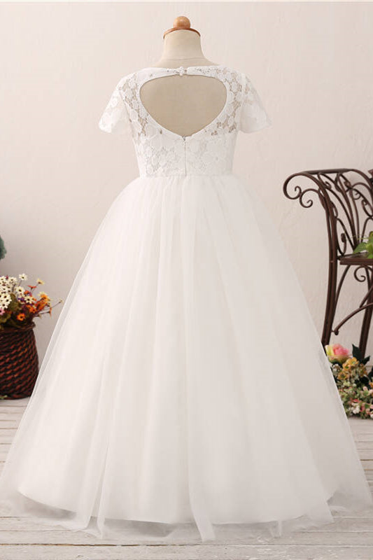 Short Sleeves Lace and Tulle White Flower Girl Dress