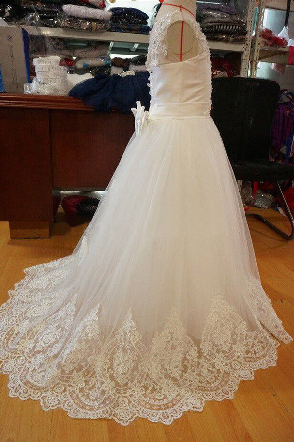 Chic Lace Edge Beaded Ivory Flower Girl Dress with Bow