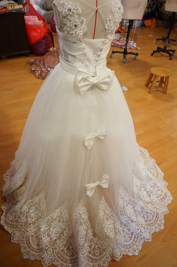 Chic Lace Edge Beaded Ivory Flower Girl Dress with Bow