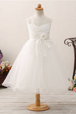 Cute Leaf Appliques White Flower Girl Dress with Bow