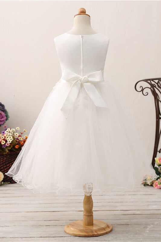 Cute Leaf Appliques White Flower Girl Dress with Bow