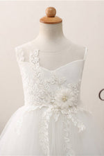 Cute Leaf Appliques White Flower Girl Dress with Bow