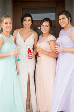 A-line Jewel Mis Colored Bridesmaid Dress with Lace Appliques
