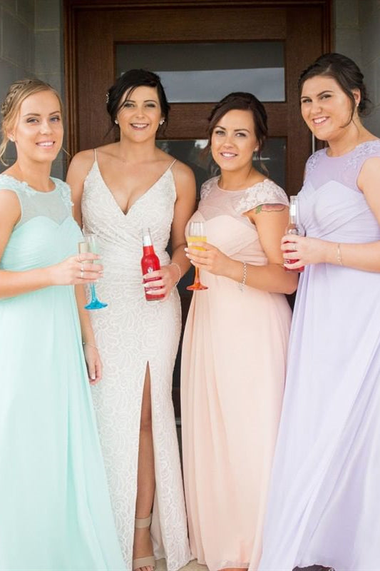 jr bridesmaid dresses navy A-line Jewel Mis Colored Bridesmaid Dress with Lace Appliques – FancyVestido