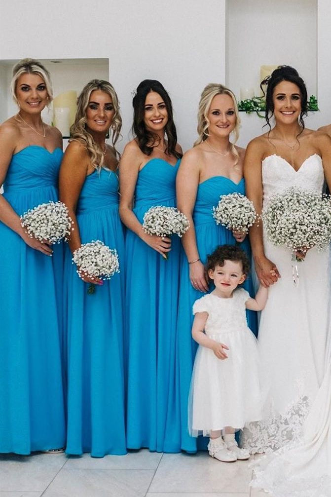 A-line Long Sweetheart Blue Chffion Bridesmaid Dress