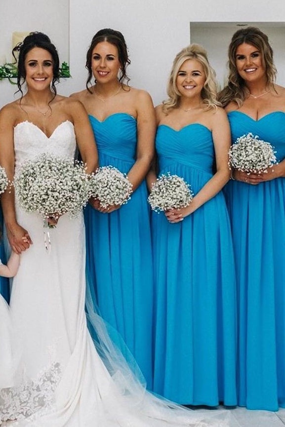 A-line Long Sweetheart Blue Chffion Bridesmaid Dress