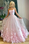 Floral Appliques A-line Spaghetti Straps Pink Prom Dress