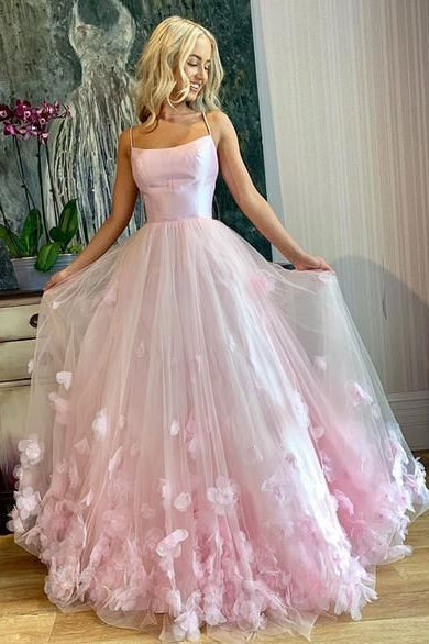 Floral Appliques A-line Spaghetti Straps Pink Prom Dress FancyVestido Floral Appliques A-line Spaghetti Straps Pink Prom Dress FancyVestido