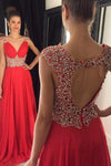 Luxurious Beads V-Neck Red Long Formal Evening Dress