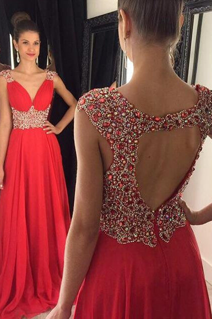 Luxurious Beads V-Neck Red Long Formal Evening Dress