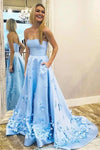 3D Flowers Sweetheart Blue Prom Dress with Pockets