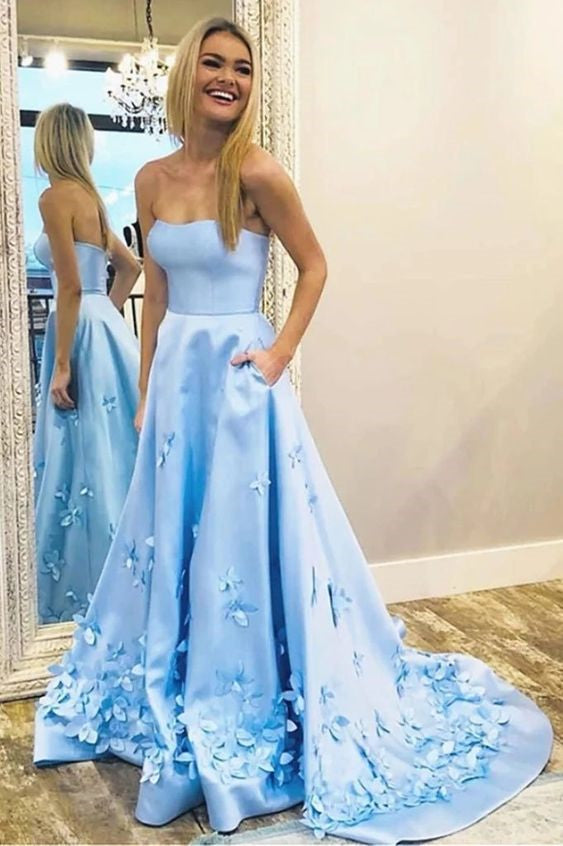 3D Flowers Sweetheart Blue Prom Dress with Pockets FancyVestido 3D Flowers Sweetheart Blue Prom Dress with Pockets FancyVestido