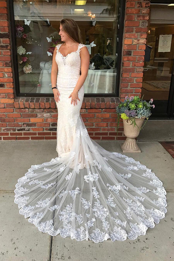 Long Mermaid Lace Strap Ivory Wedding Dress with Train  FancyVestido