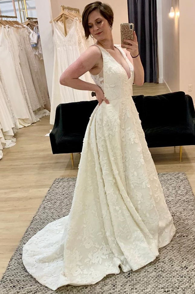 V-Neck A-line Ivory Long Wedding Dress with Lace