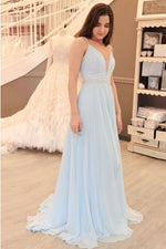 A-line Beaded V-Neck Light Blue Long Prom Dress