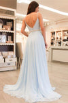 A-line Beaded V-Neck Light Blue Long Prom Dress