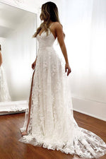 V-Neck Open Back Long White Bridal Dress with Slit