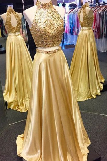 Two Piece Sequined High Neck Gold Prom Dress