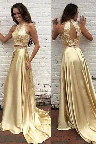 Two Piece Sequined High Neck Gold Prom Dress