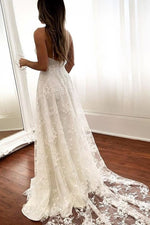 V-Neck Open Back Long White Bridal Dress with Slit