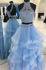 Two Piece High Neck Blue Lace and Tulle Prom Dress