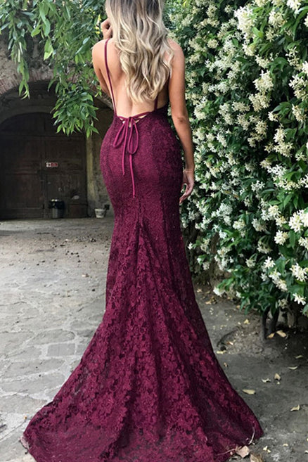 Sexy Mermaid V-Neck Burgundy Lace Prom Dress FancyVestido Sexy Mermaid V-Neck Burgundy Lace Prom Dress FancyVestido